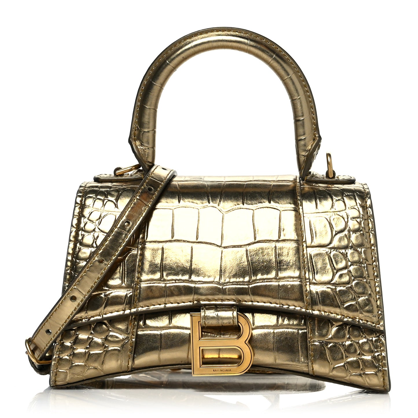 Metallic Calfskin Crocodile Embossed Hourglass Top Handle Bag XS Gold