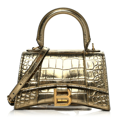 Balenciaga Metallic Calfskin Crocodile Embossed Hourglass Top Handle Bag XS Gold 1 of 14