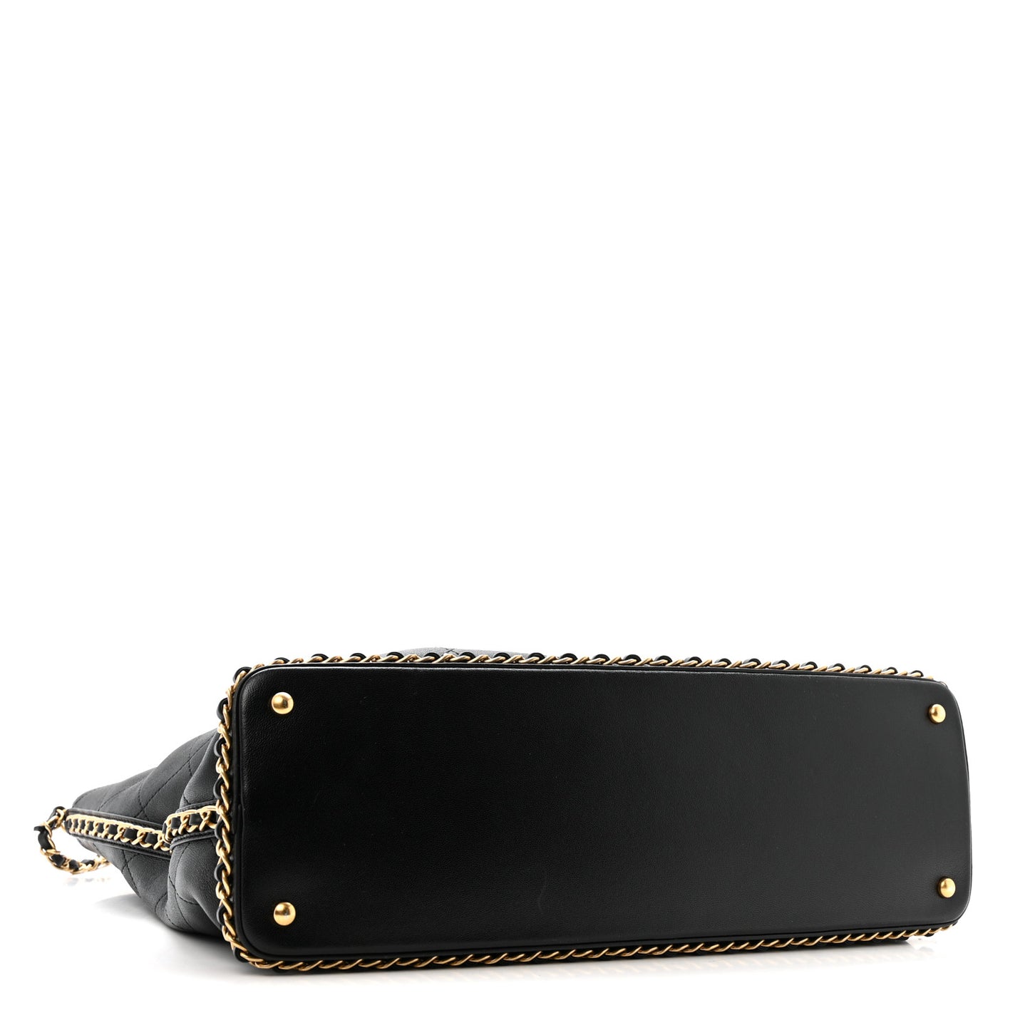Shiny Lambskin Quilted Chain Around Shopping Tote Black