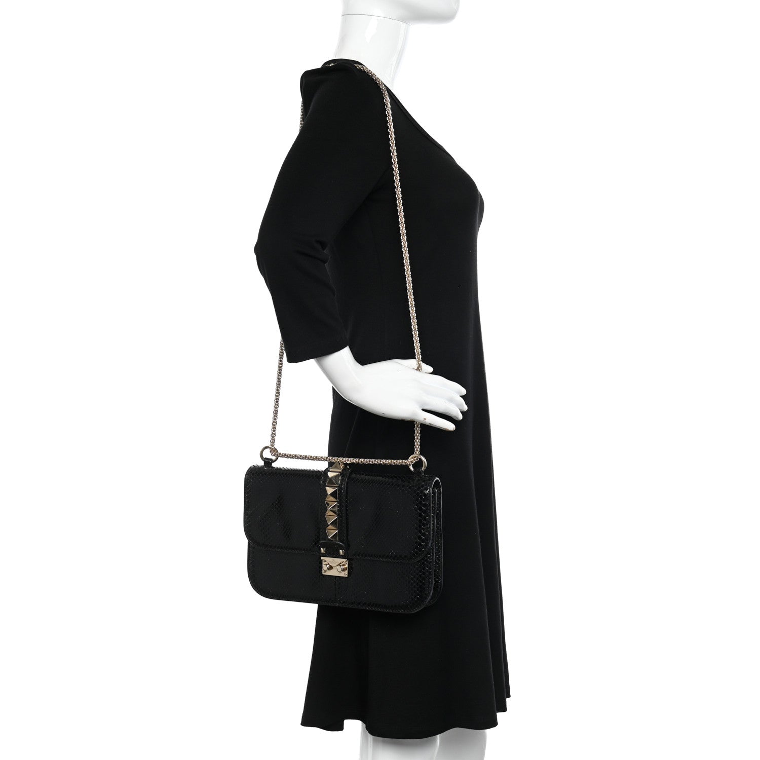 Valentino Garavani Snakeskin Medium Glam Lock Rockstud Flap Black 2 of 10