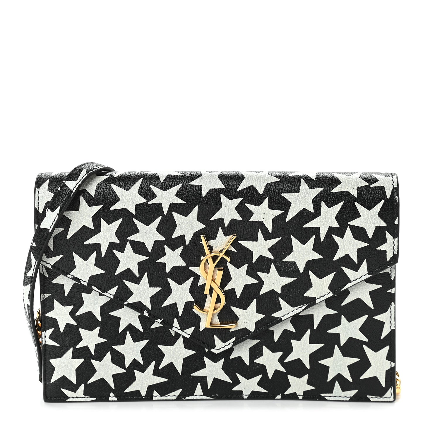 Lambskin Star Print Monogram Envelope Chain Wallet Black White