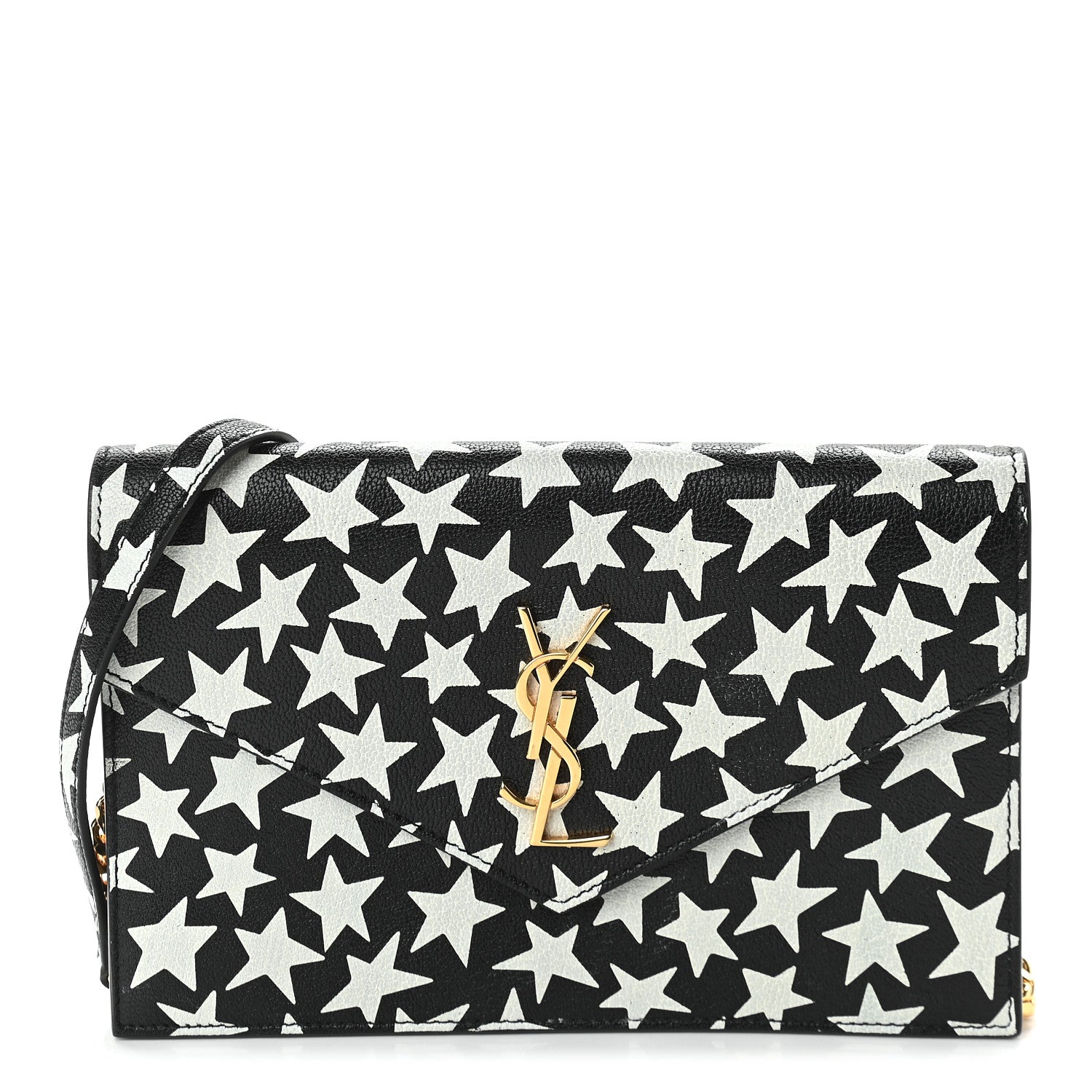 Saint Laurent Lambskin Star Print Monogram Envelope Chain Wallet Black White 1 of 8