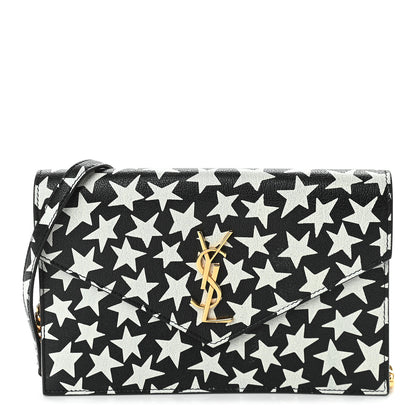 Saint Laurent Lambskin Star Print Monogram Envelope Chain Wallet Black White 1 of 8