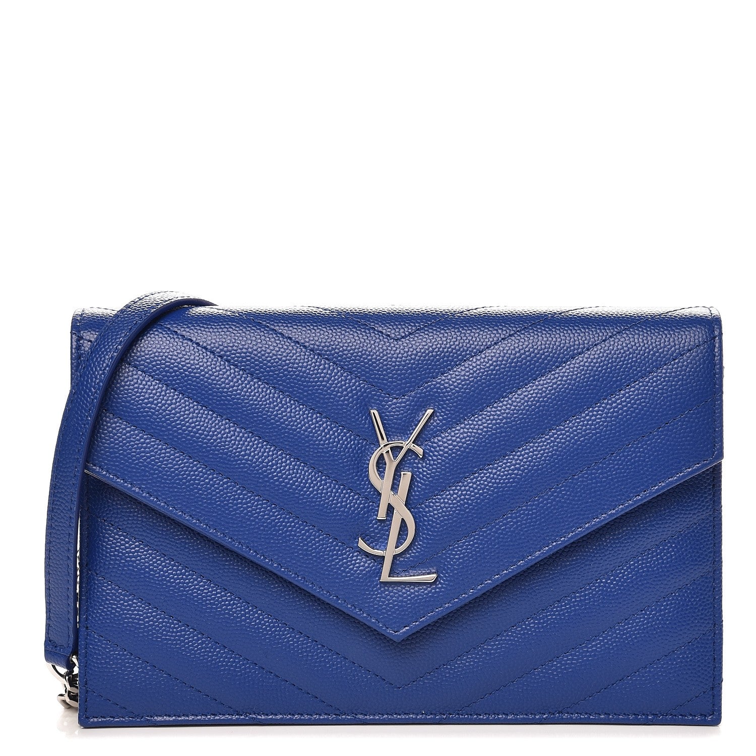 Saint Laurent Grain De Poudre Matelasse Chevron Monogram Envelope Chain Wallet Royal Blue 1 of 8