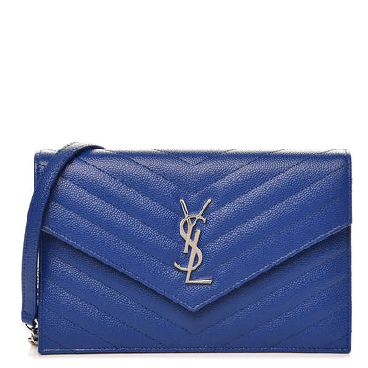Saint Laurent Grain De Poudre Matelasse Chevron Monogram Envelope Chain Wallet Royal Blue 1 of 8