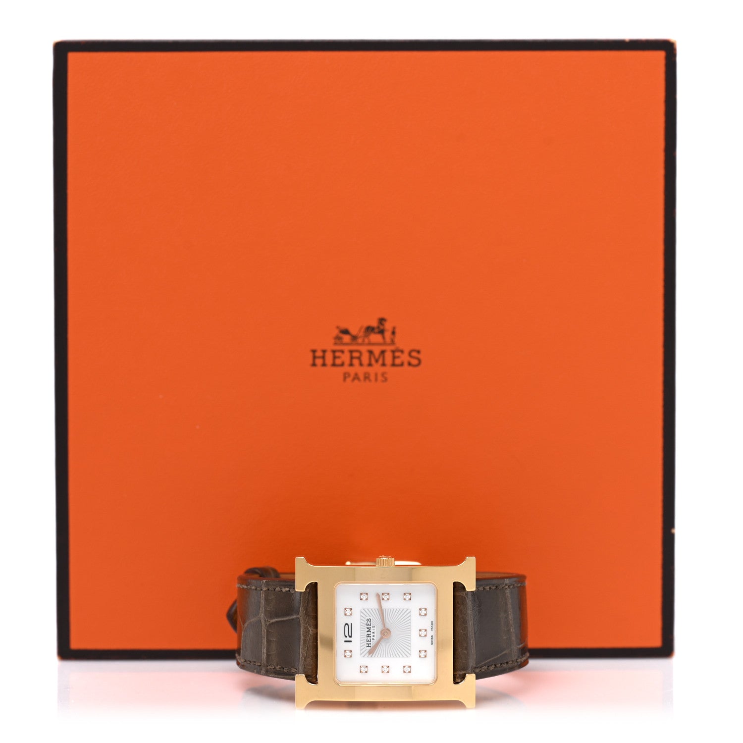 Hermes Stainless Steel Alligator Diamond Mother of Pearl 21mm Heure H Hour Quartz Watch Gris Elephant 5 of 5
