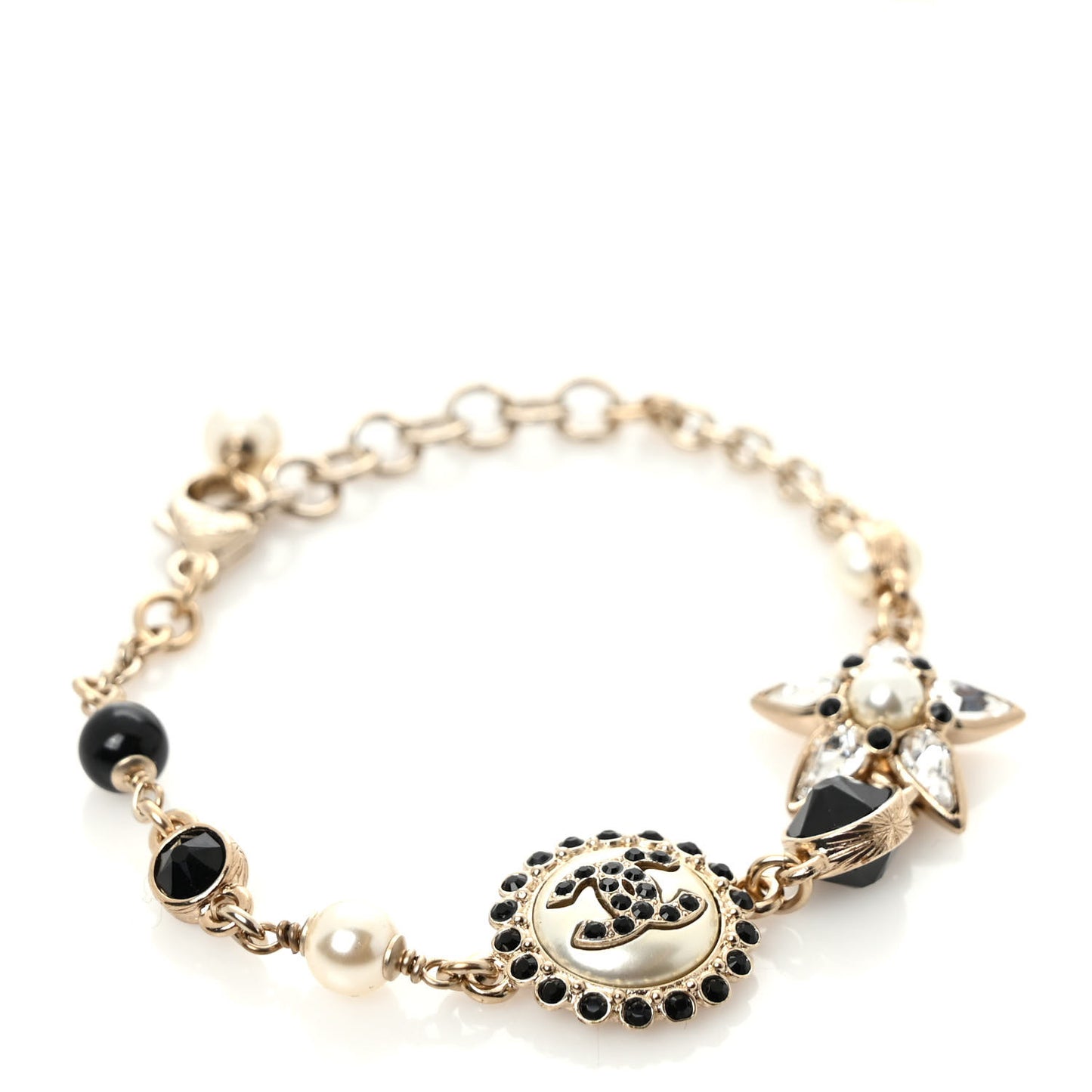Pearl Crystal CC Charm Bracelet Black Gold