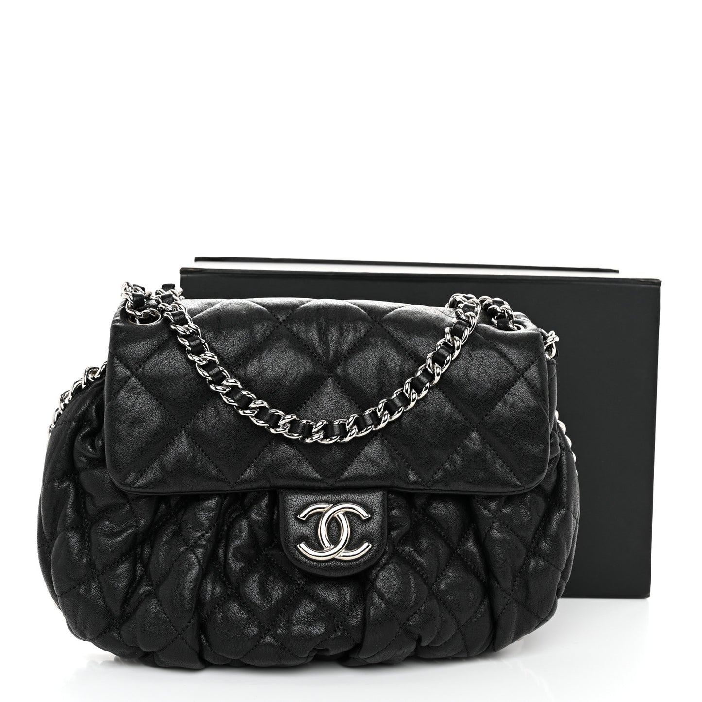 Washed Lambskin Quilted Medium Chain Around Flap Black