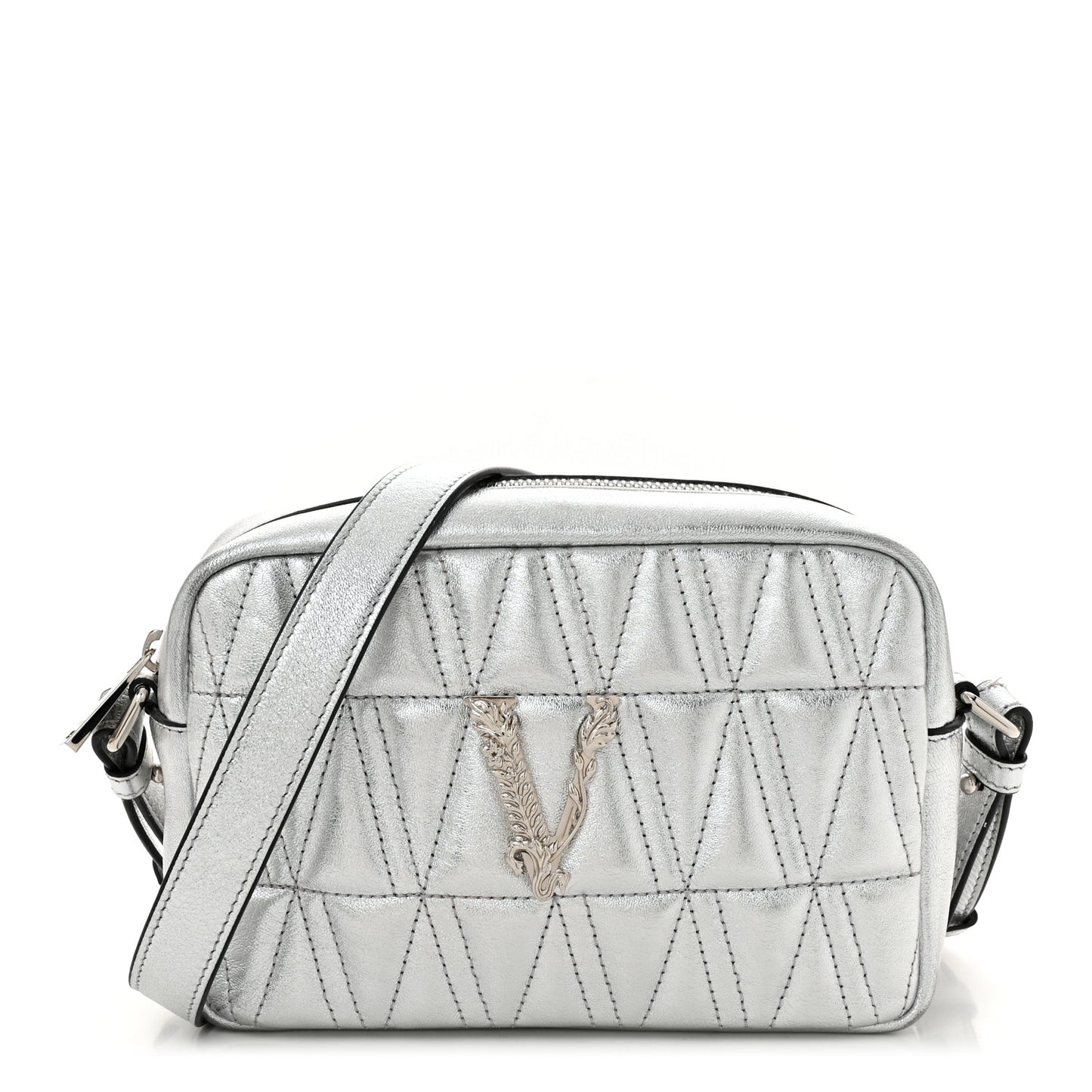 Metallic Nappa Quilted Virtus Mini Camera Bag Silver