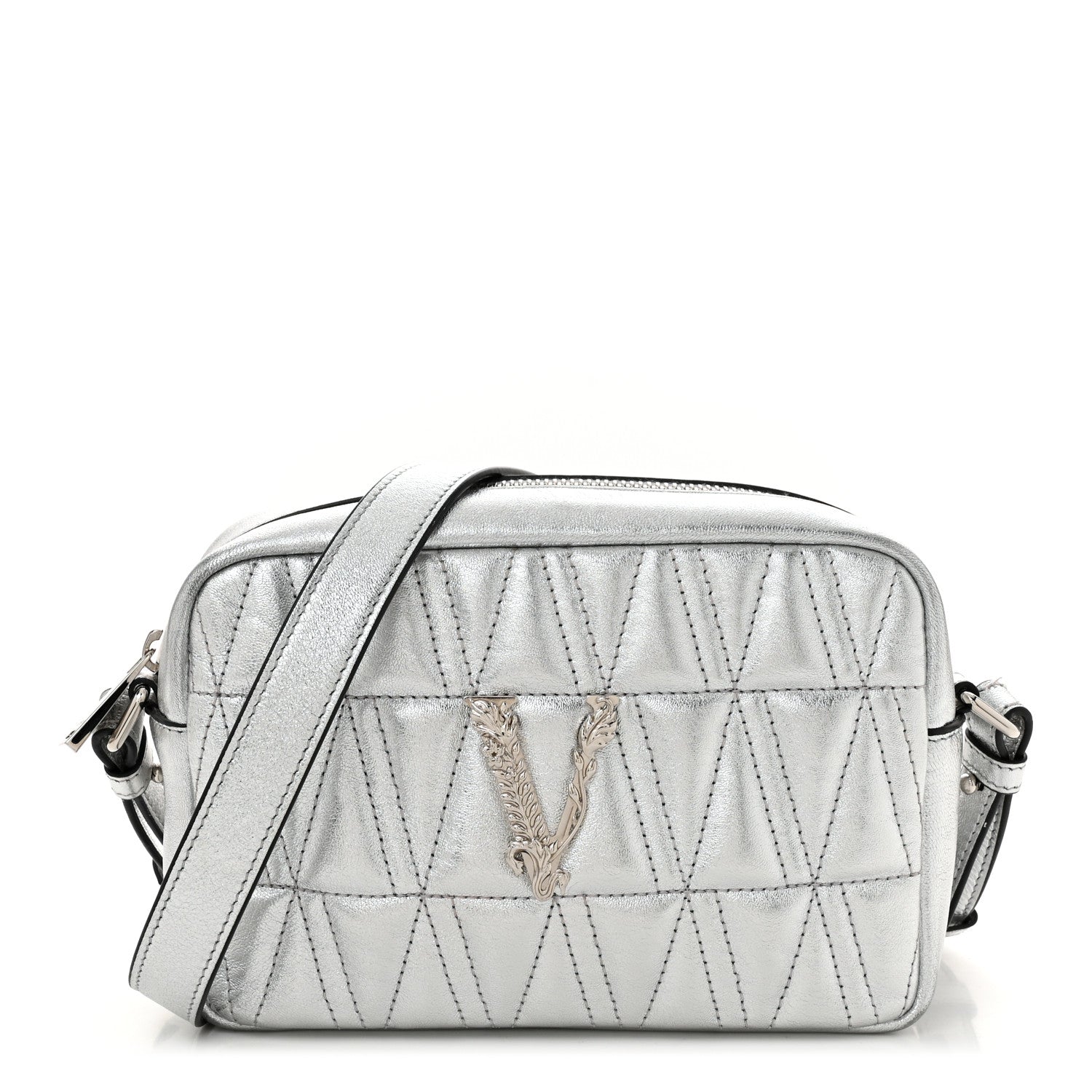 Versace Metallic Nappa Quilted Virtus Mini Camera Bag Silver 1 of 10