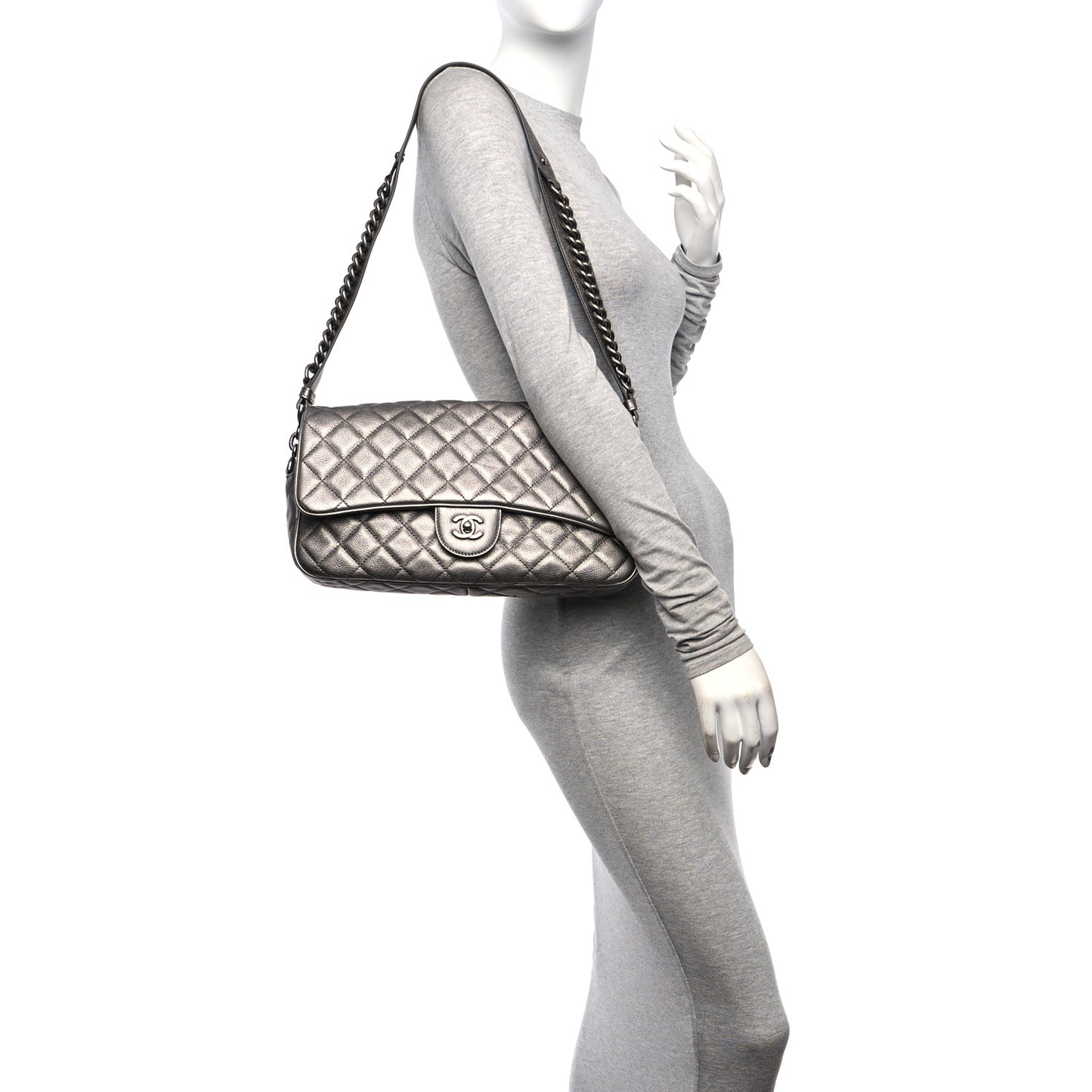 Metallic Calfskin Quilted Medium Casual Rock Flap Silver