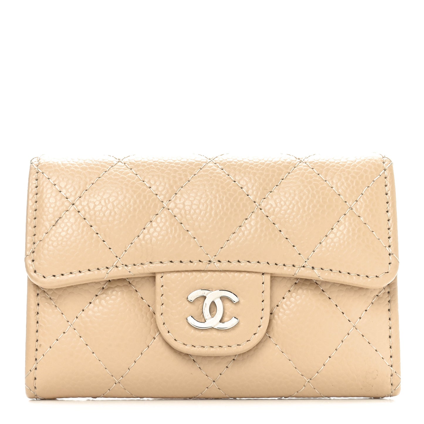 Caviar Quilted Flap Card Holder Wallet Beige