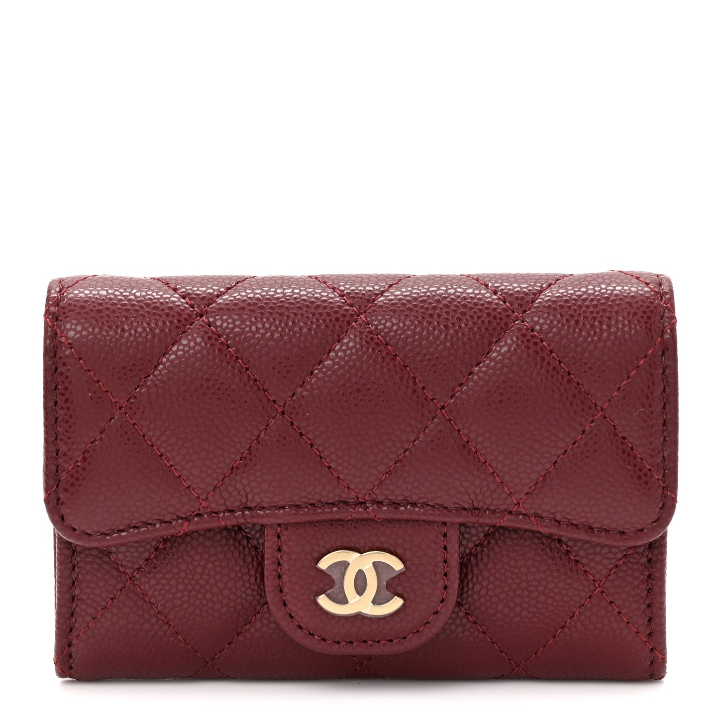 Caviar Quilted Flap Card Holder Wallet Burgundy