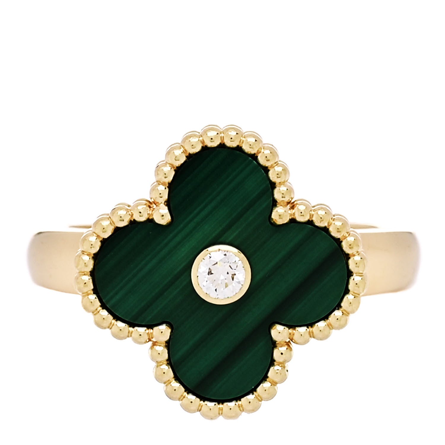 Van Cleef & Arpels 18K Yellow Gold Diamond Malachite Vintage Alhambra Ring 50 5.25 1 of 6