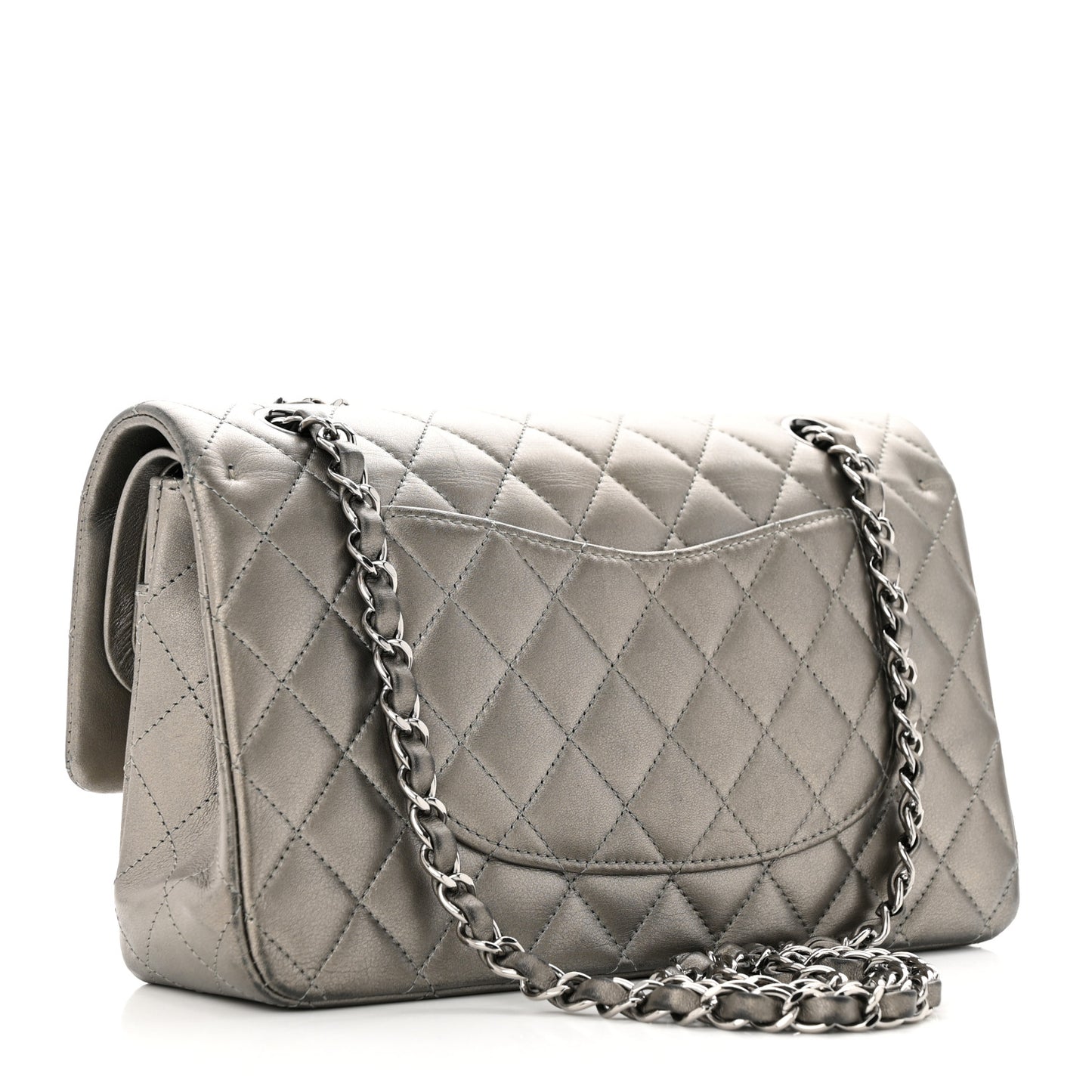 Metallic Calfskin Quilted Medium Double Flap Ruthenium