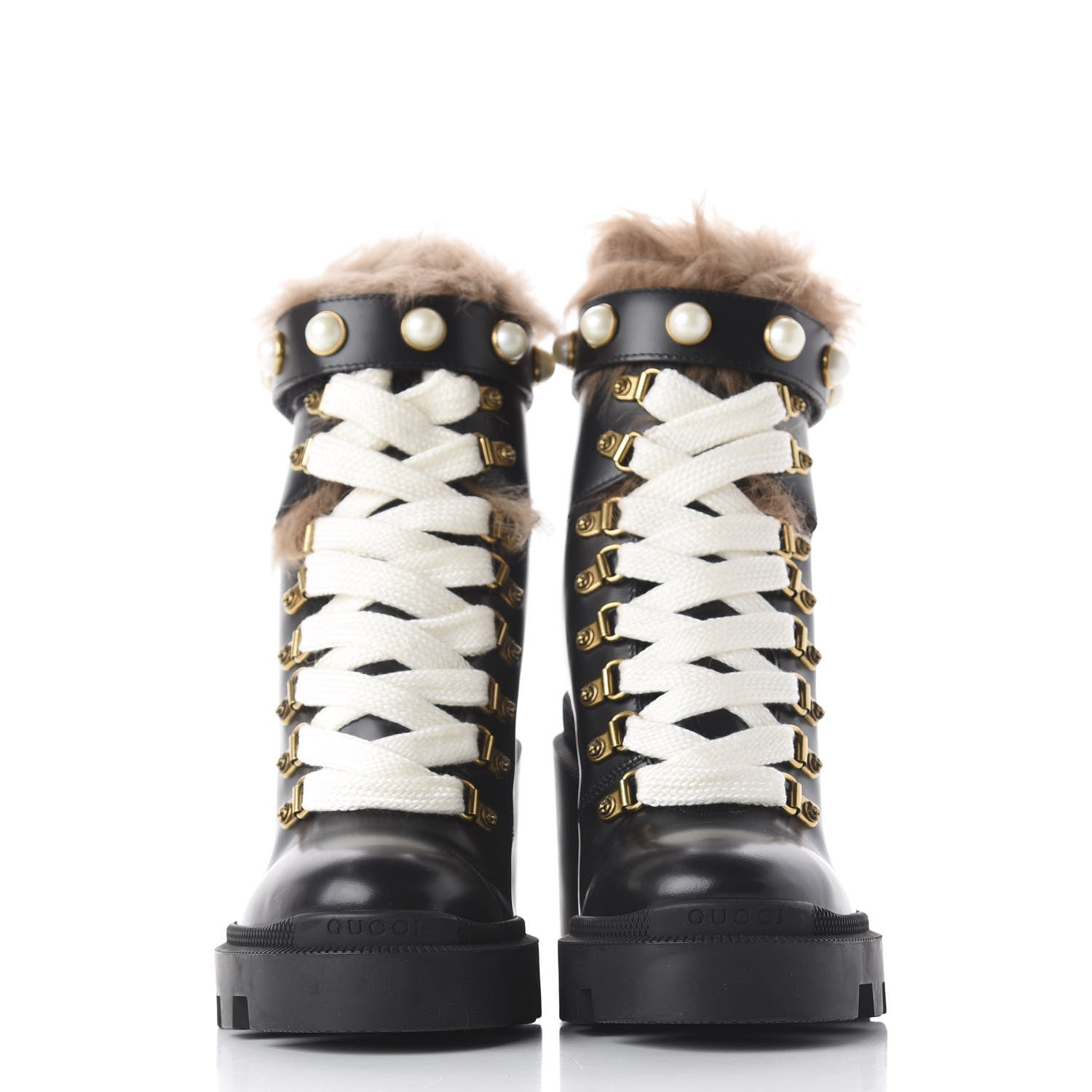 Gucci Magnum Calfskin Fur Pearl Lace Up Combat Ankle Boots 36 Black Naturale 2 of 8