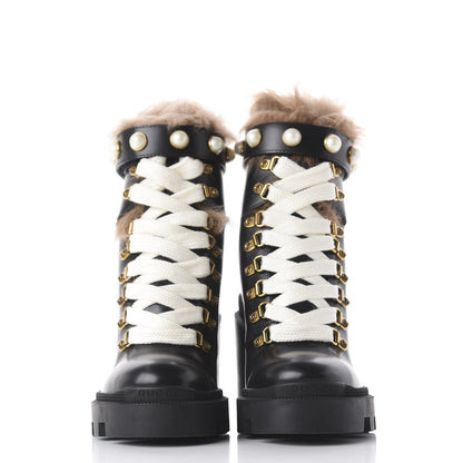 Gucci Magnum Calfskin Fur Pearl Lace Up Combat Ankle Boots 36 Black Naturale 2 of 8