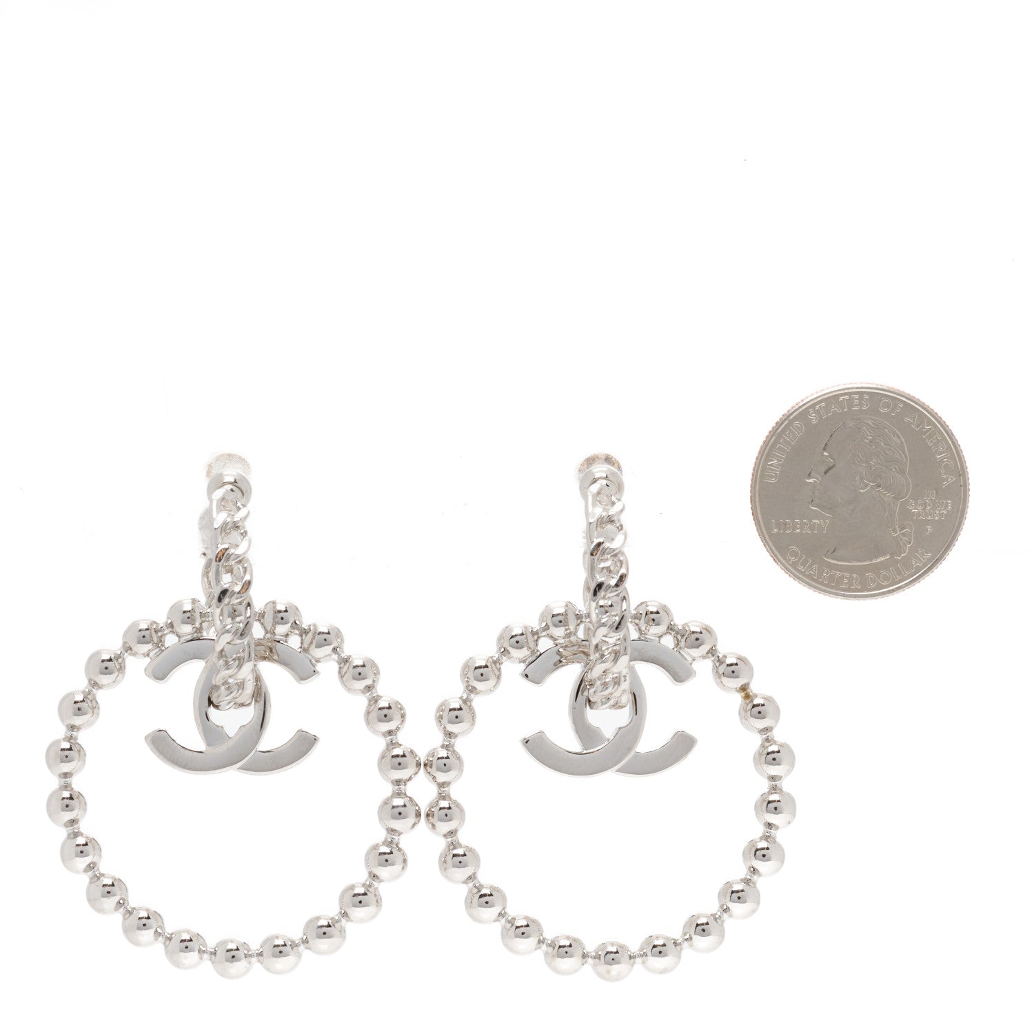 Chanel Metal Beaded CC Hoop Earrings Silver 2 of 5