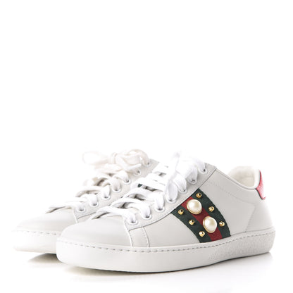 Gucci Calfskin Web Pearl Studded Womens Ace Sneakers 35 White 3 of 11