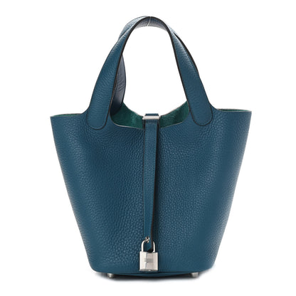 Hermes Taurillon Clemence Eclat Picotin Lock 18 PM Vert Bosphore Deep Blue 1 of 11