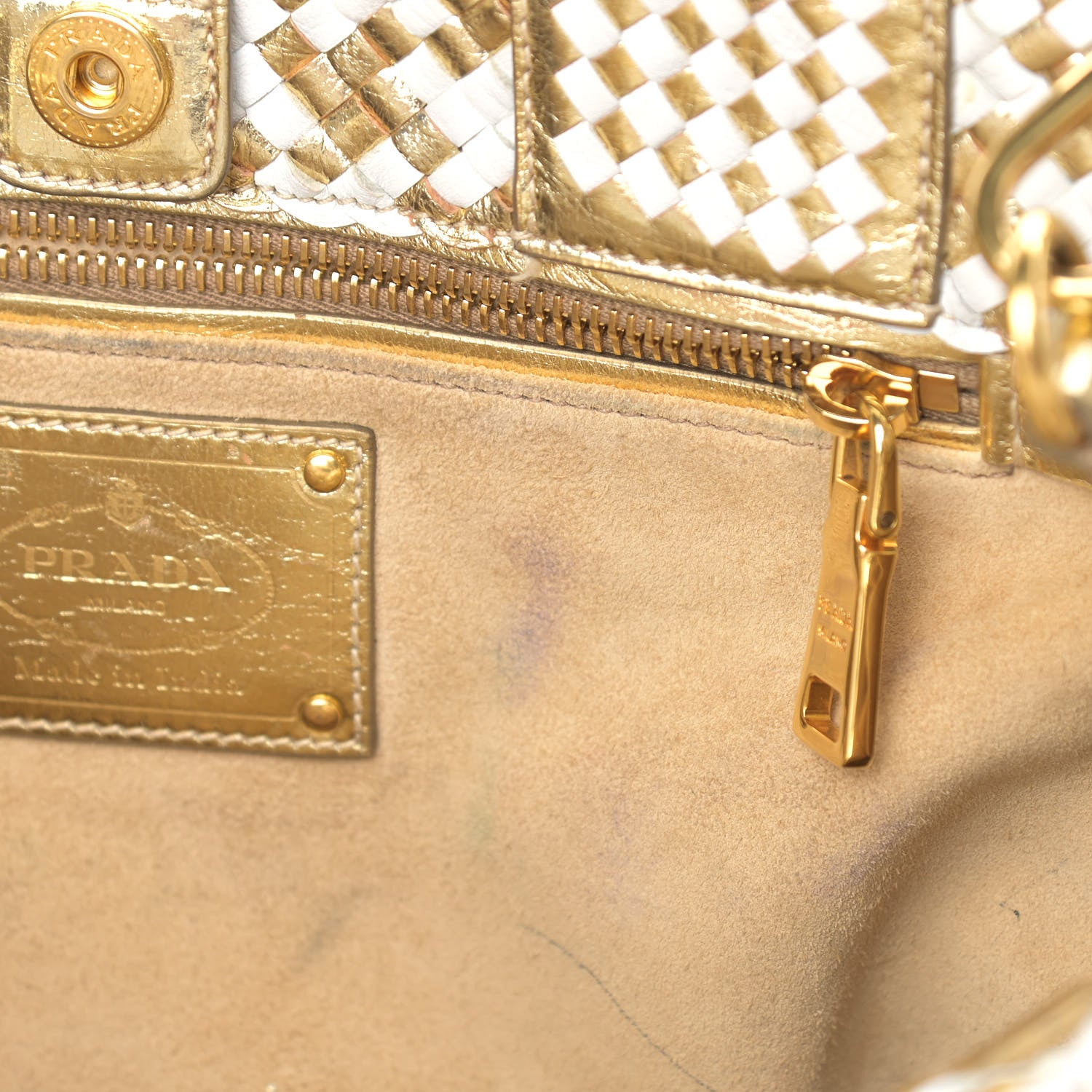 Prada Goatskin Woven Small Tote White Gold 12 of 24