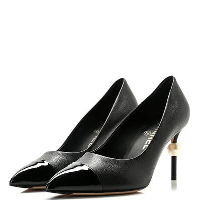 Chanel Goatskin Grosgrain Cap Toe Pearl Pumps 37 Black 2 of 13