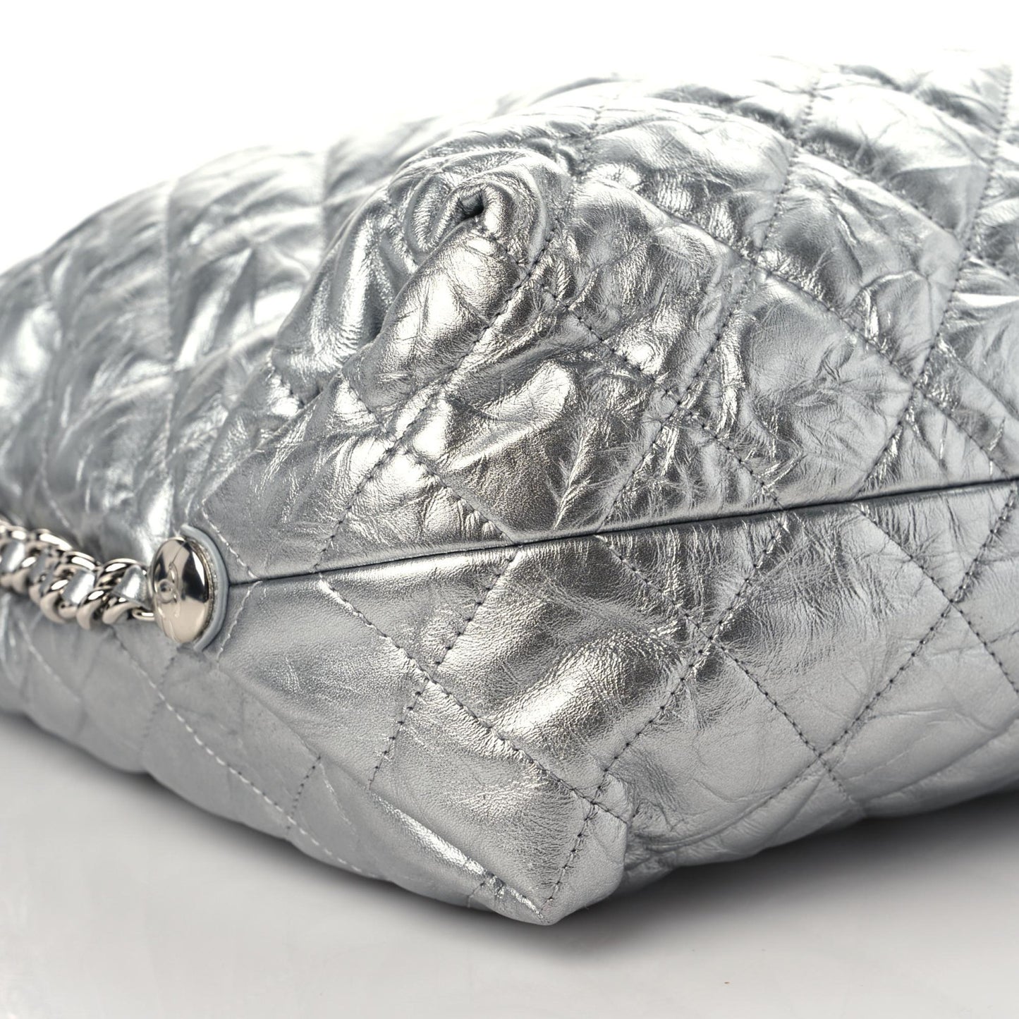 Metallic Crackled Calfskin Quilted Hobo Silver