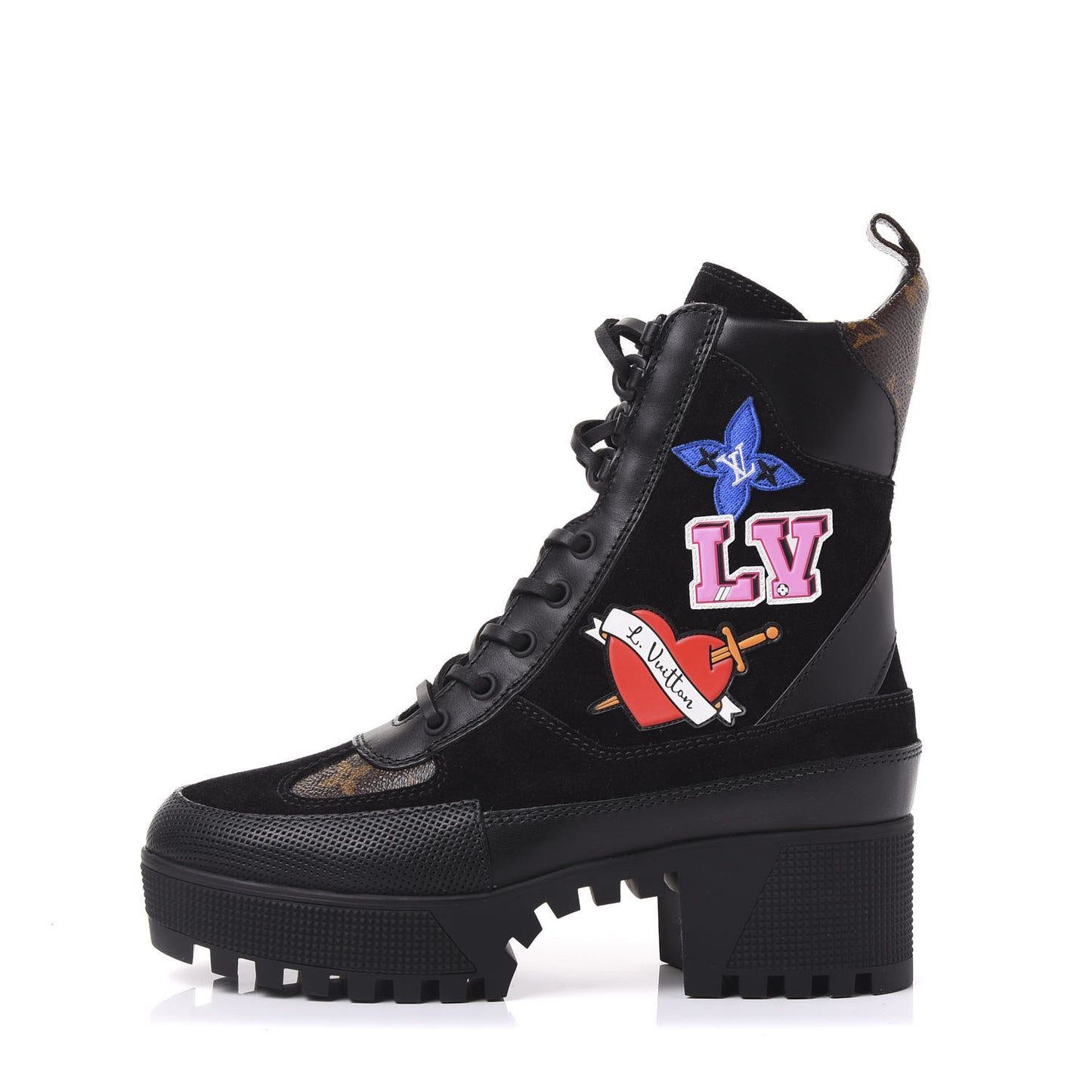 Suede Calfskin Monogram LV Black Heart Laureate Platform Desert Boots 37 Black