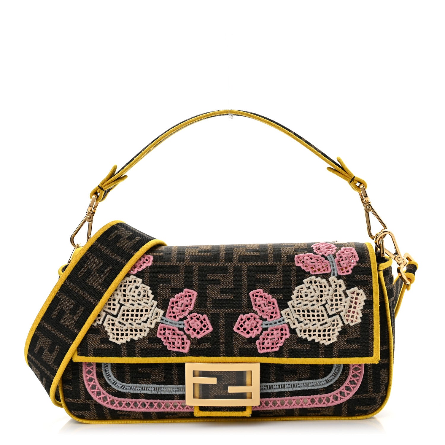 Fendi Fabric Jacquard FF Floral Embroidered Baguette Tobacco Moro Multicolor 1 of 9