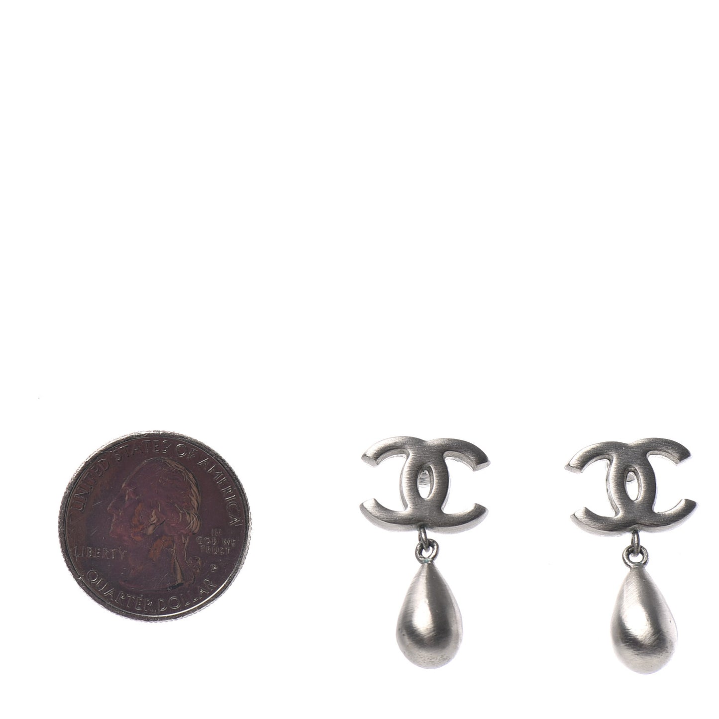 Brushed Metal CC Drop Earrings Silver