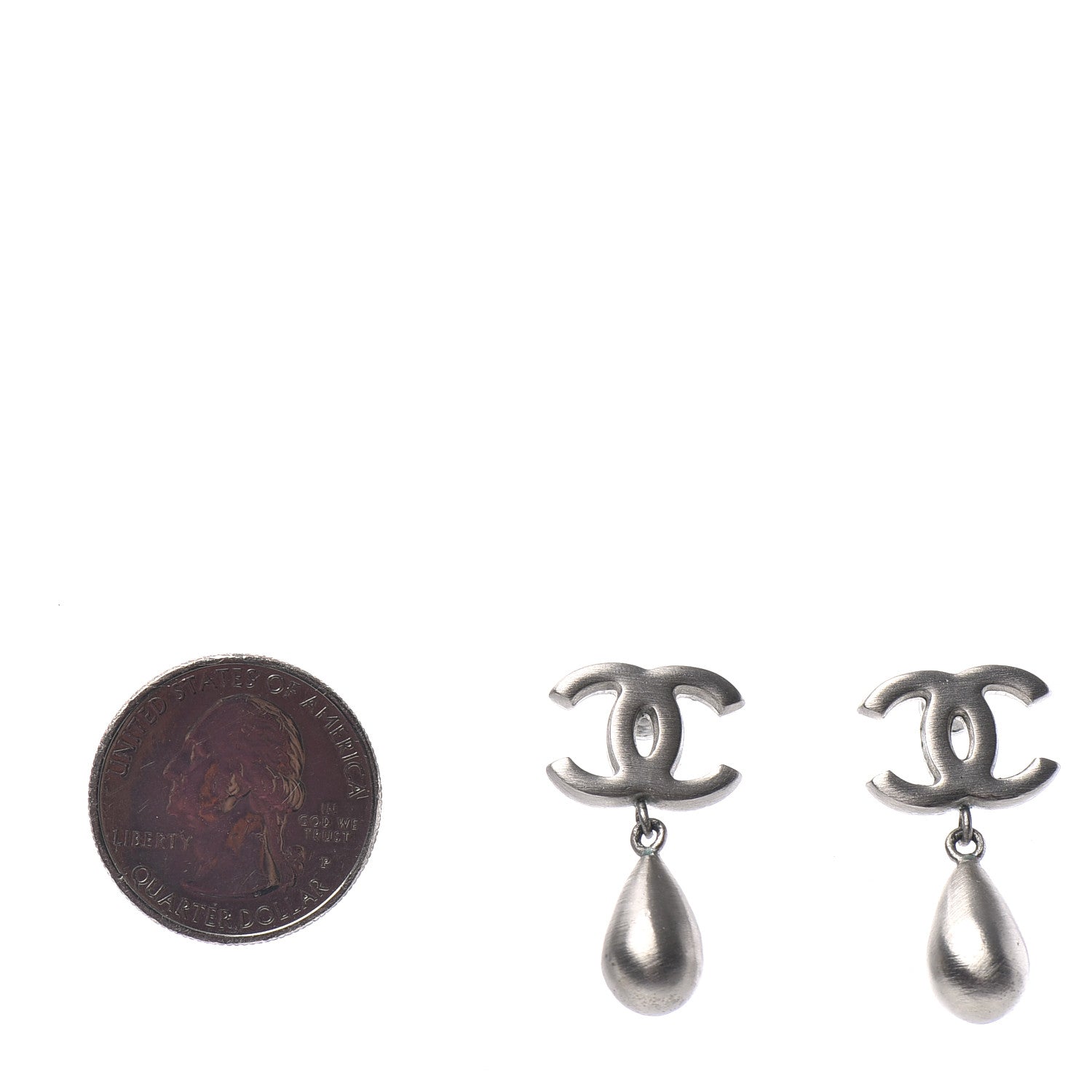 Chanel Brushed Metal CC Drop Earrings Silver 2 of 3