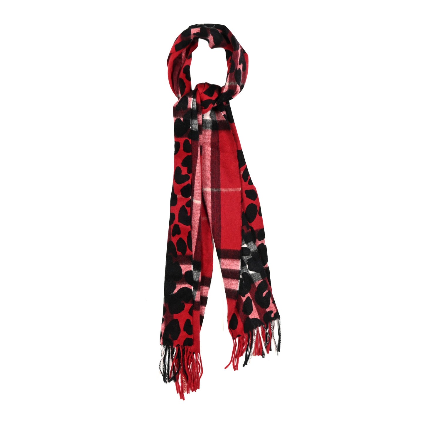 Cashmere Giant Check Animal Print Fringe Scarf Red
