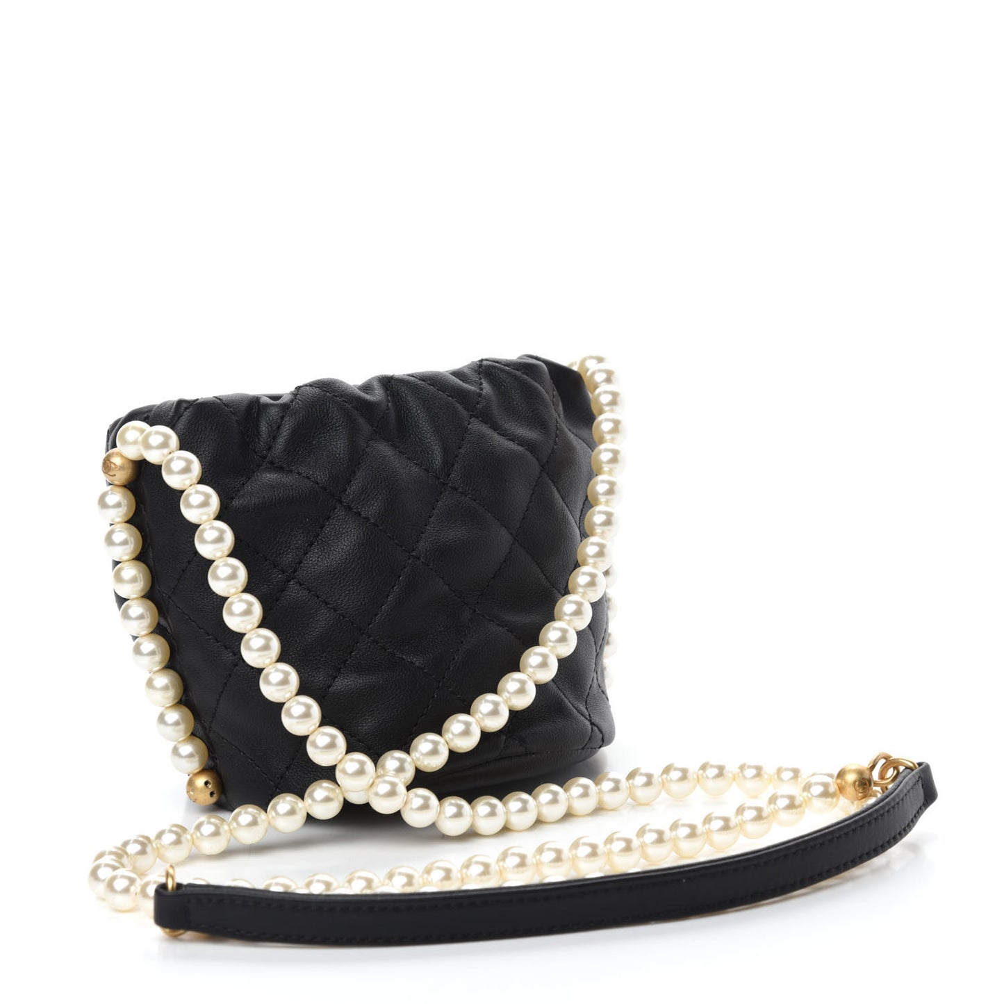 Calfskin Quilted Pearl Mini About Pearls Drawstring Bucket Bag Black