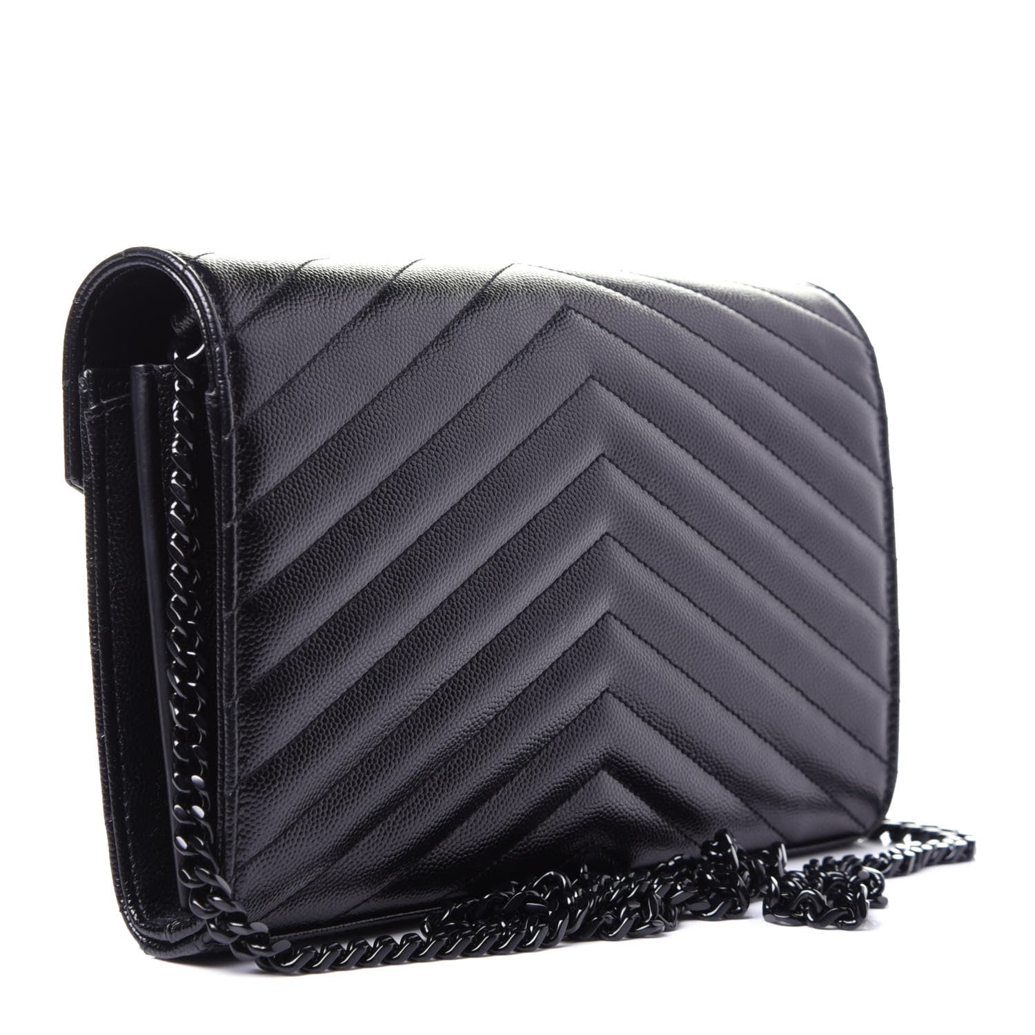Saint Laurent Grain De Poudre Matelasse Chevron Monogram Chain Wallet Black 3 of 9