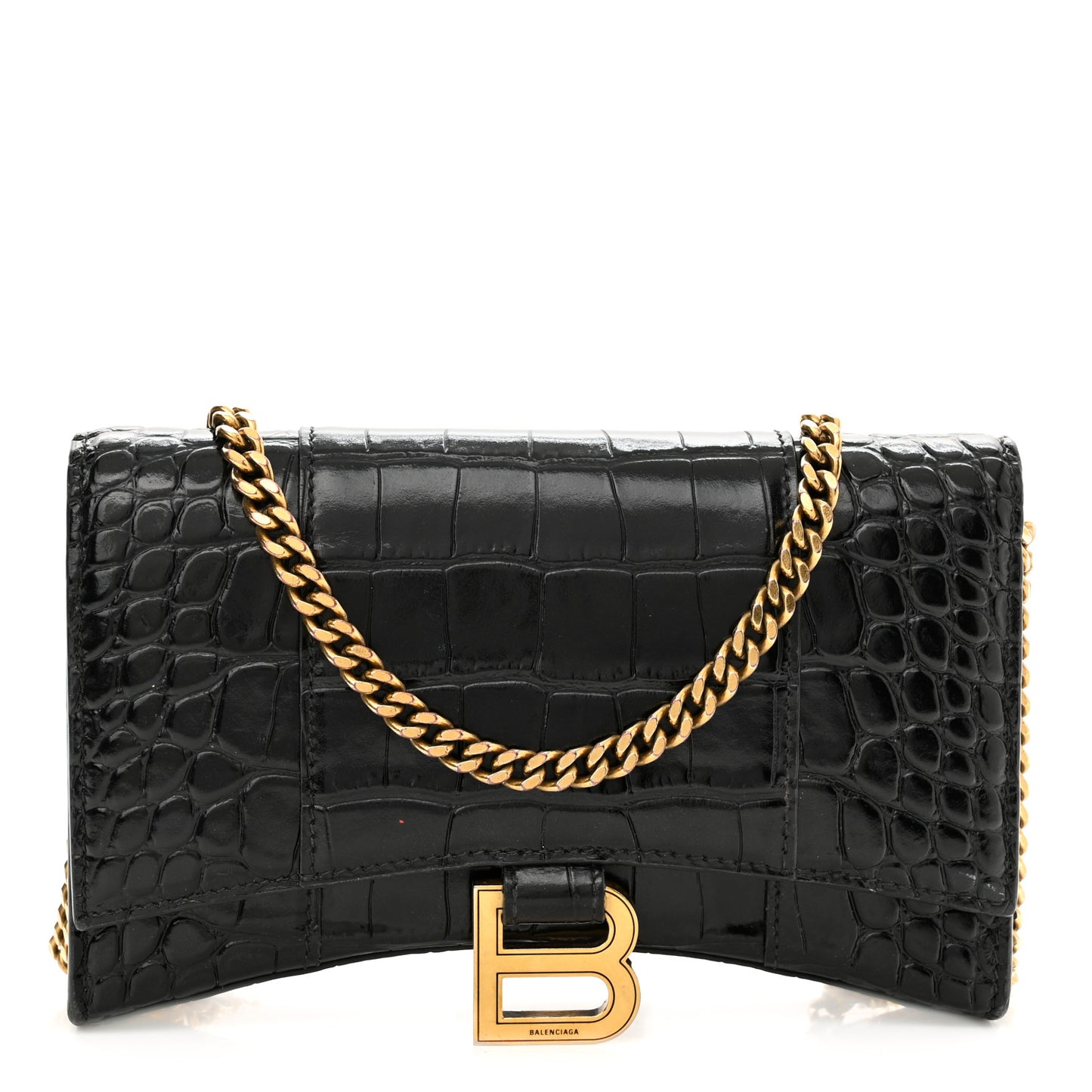 Shiny Calfskin Crocodile Embossed Hourglass Chain Bag Black