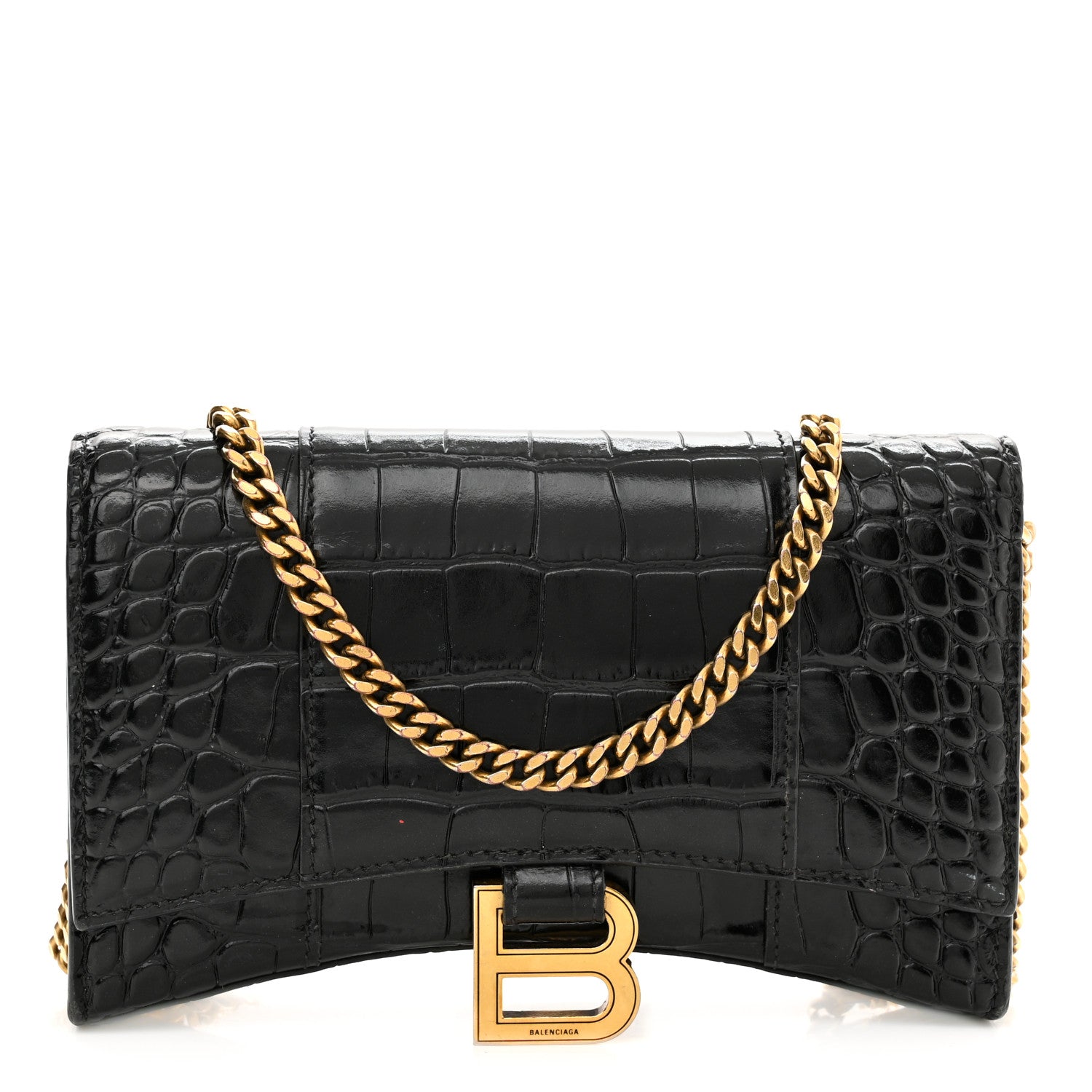 Balenciaga Shiny Calfskin Crocodile Embossed Hourglass Chain Bag Black 1 of 11