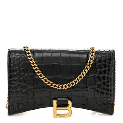 Balenciaga Shiny Calfskin Crocodile Embossed Hourglass Chain Bag Black 1 of 11