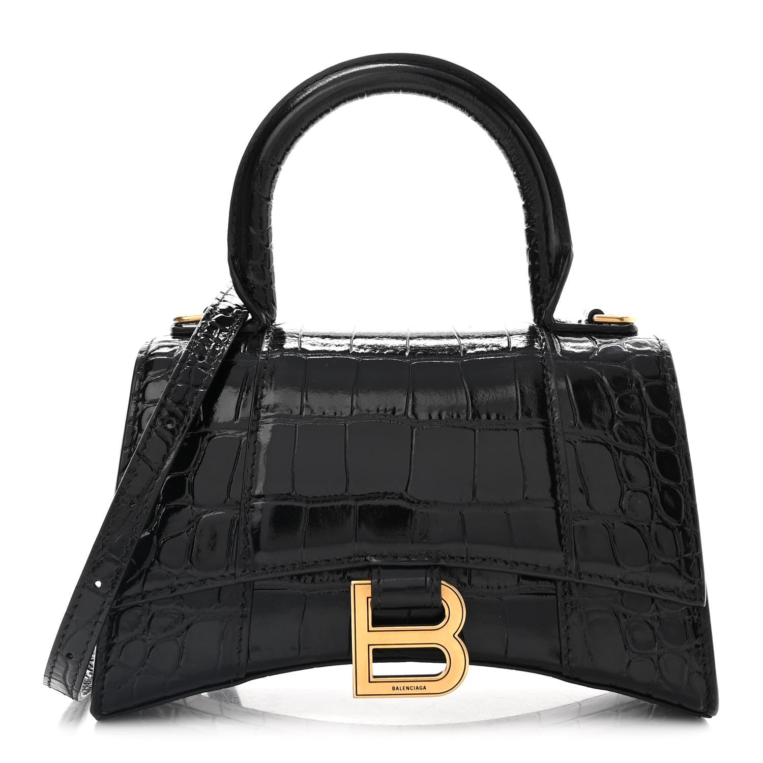 Balenciaga Shiny Calfskin Crocodile Embossed Hourglass Top Handle Bag XS Black 1 of 9