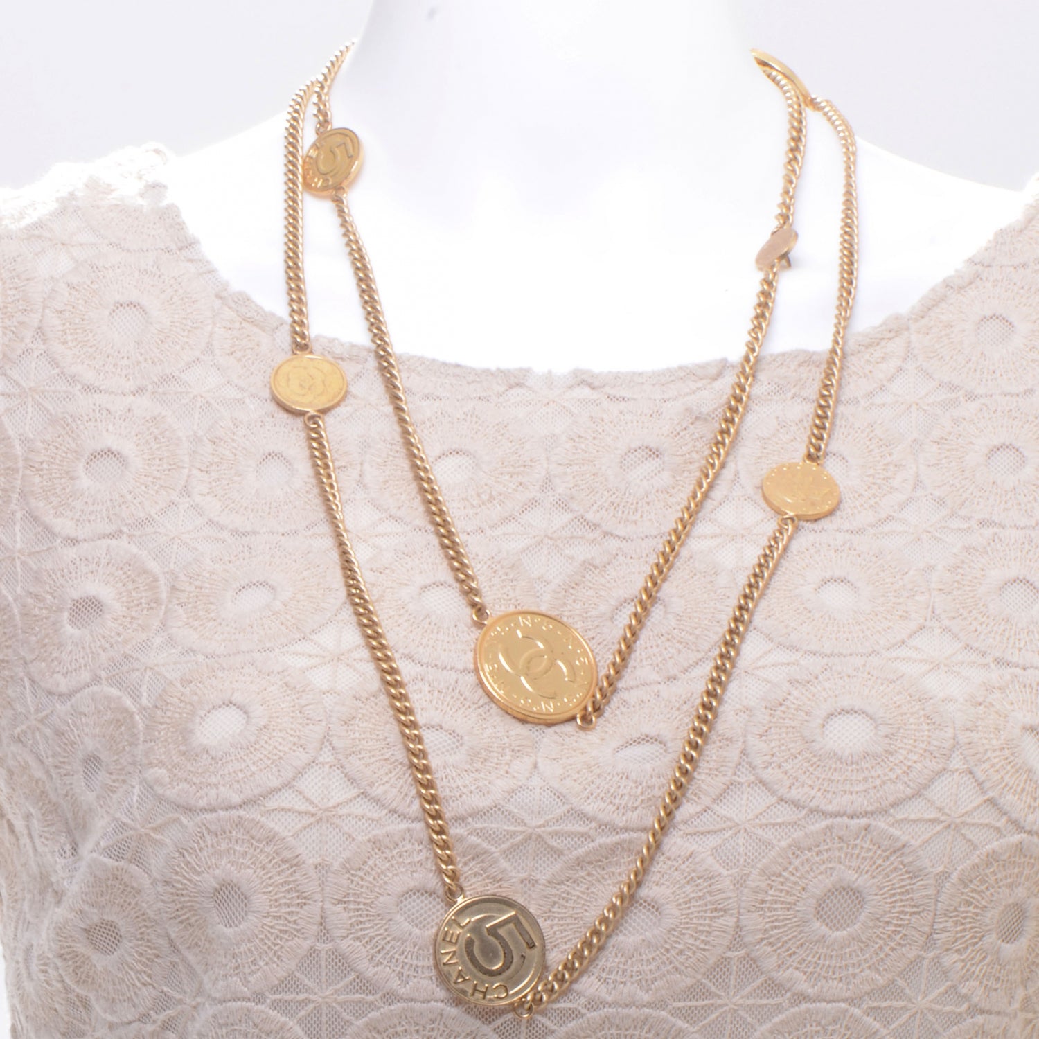 Chanel CC Coco Camellia Coin Long Necklace Gold 2 of 5