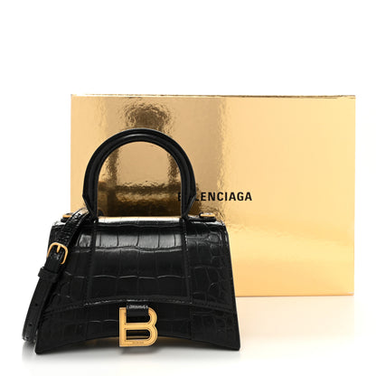 Balenciaga Shiny Calfskin Crocodile Embossed Hourglass Top Handle Bag XS Black 11 of 11