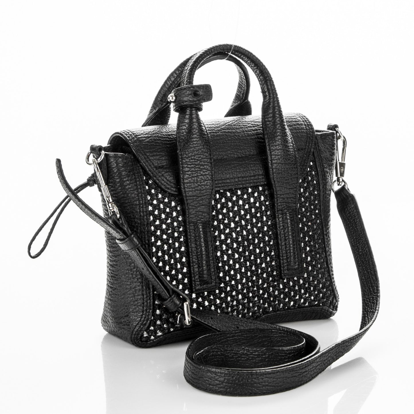 3.1 Textured Calfskin Woven Panel Mini Pashli Satchel Black Silver