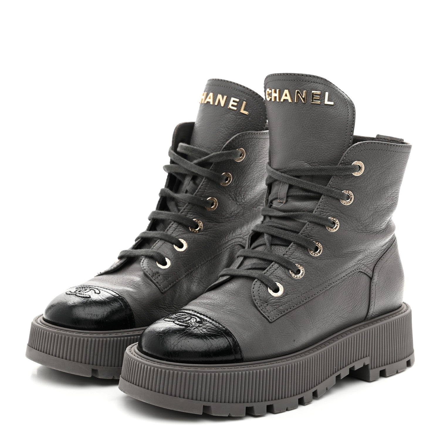 Chanel Calfskin CC Lace Up Combat Boots 39 Gray 4 of 9