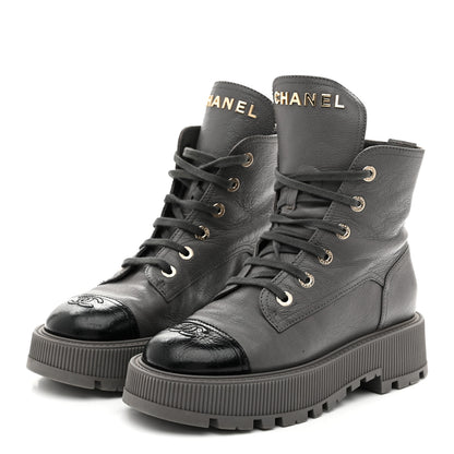 Chanel Calfskin CC Lace Up Combat Boots 39 Gray 4 of 9