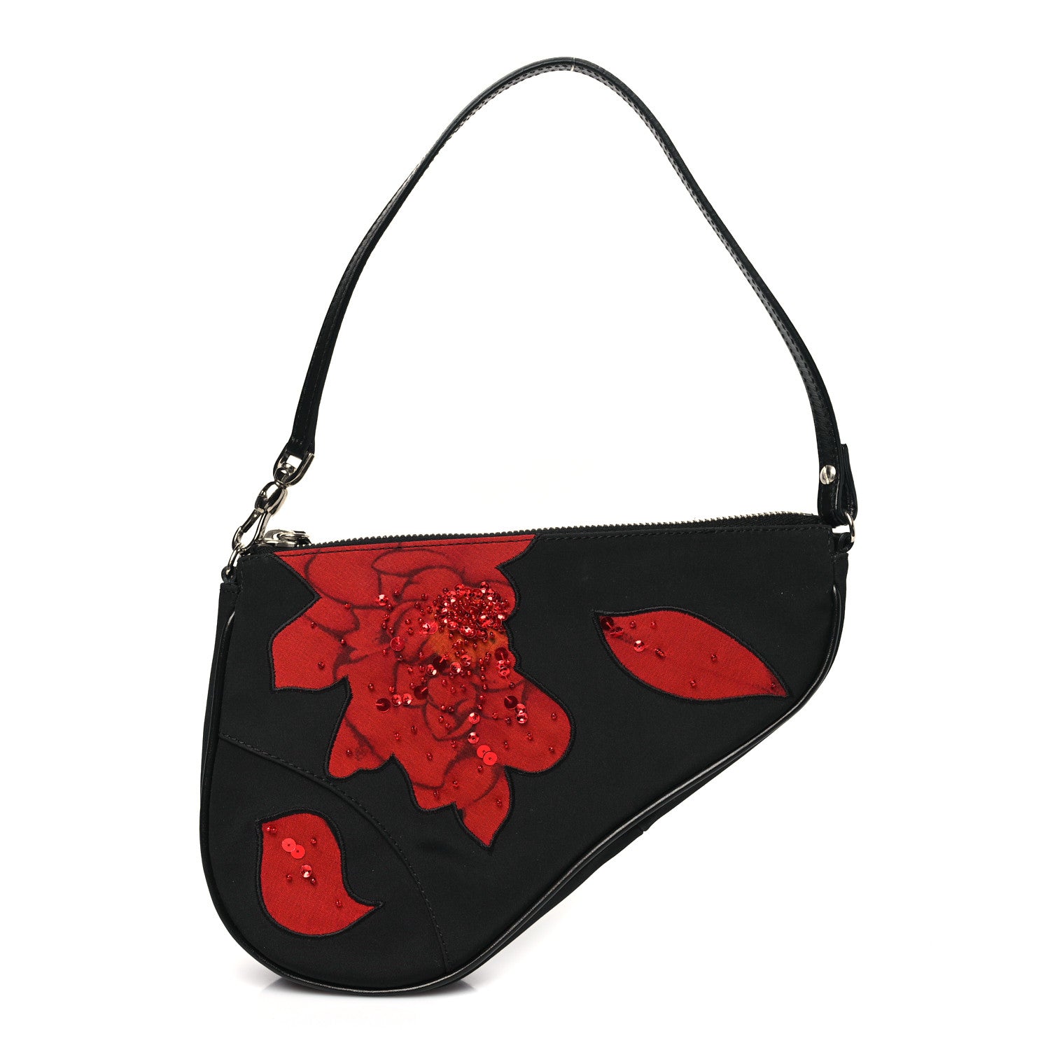 Christian Dior Canvas Stitched Flower Sequins Mini Saddle Pochette Black Red 1 of 11