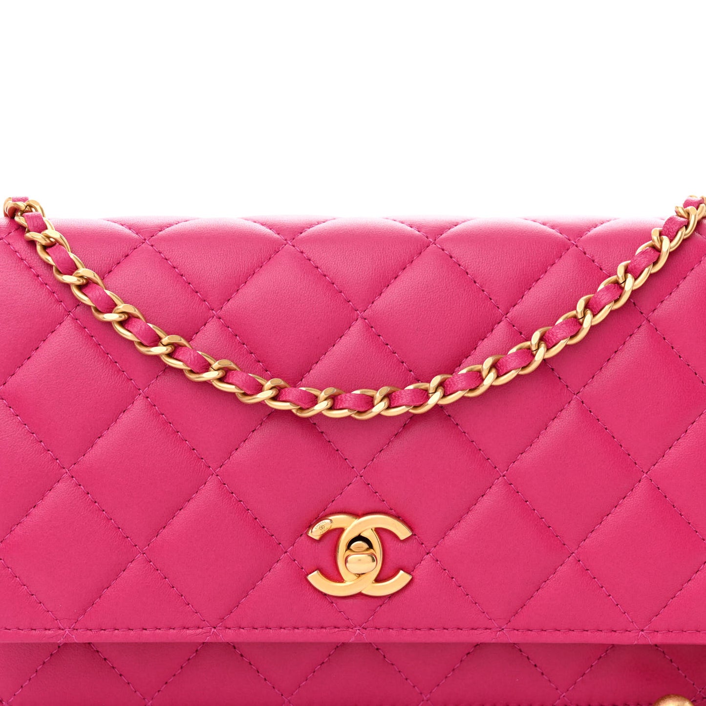 Lambskin Quilted CC Pearl Crush Wallet on Chain WOC Dark Pink