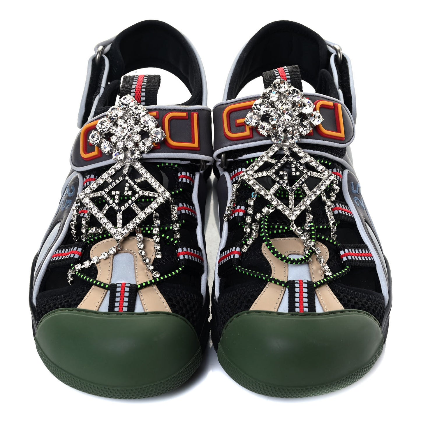 Mesh Fabric Tinsel Sport Sandals 36 Black Silver Green