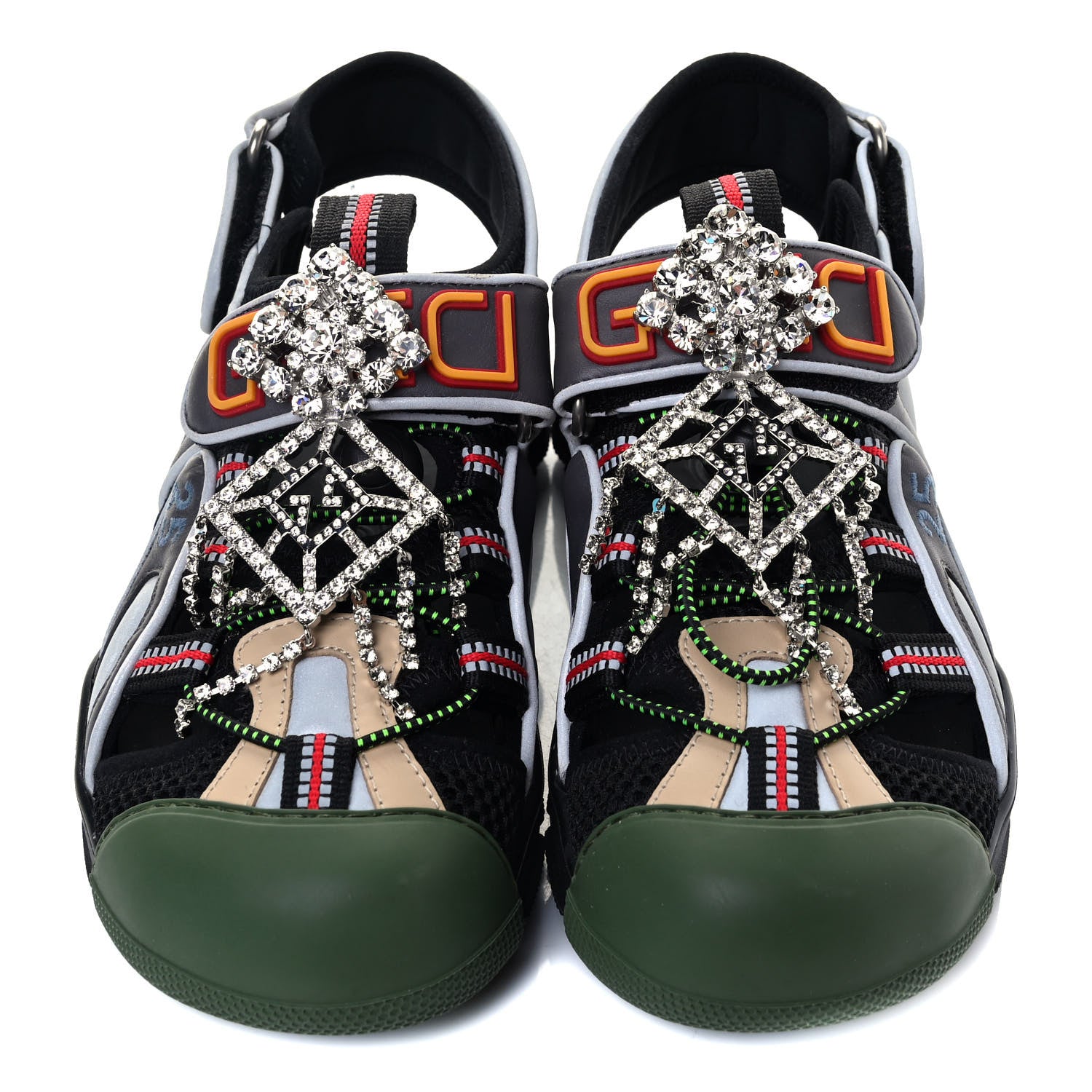 Gucci Mesh Fabric Tinsel Sport Sandals 36 Black Silver Green 4 of 6