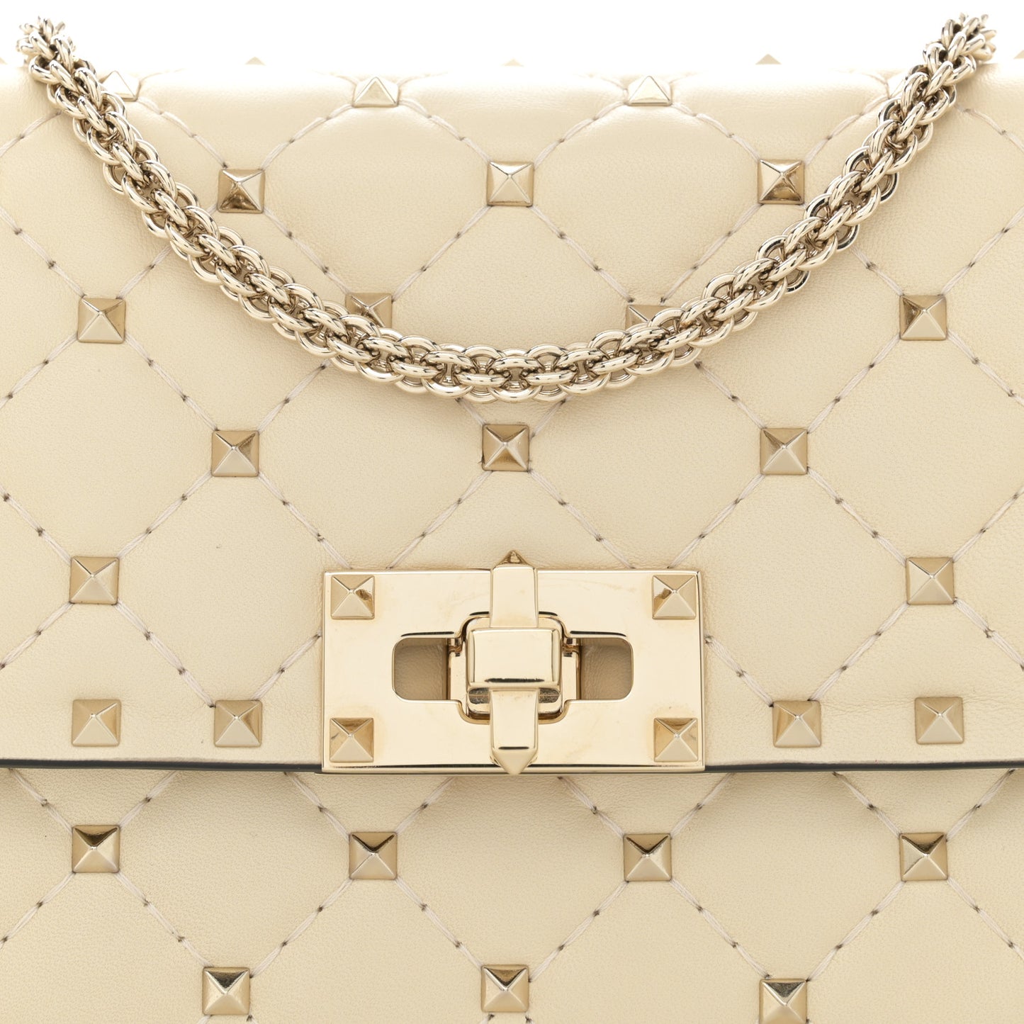 Lambskin Rockstud Spike Wallet on Chain Light Ivory