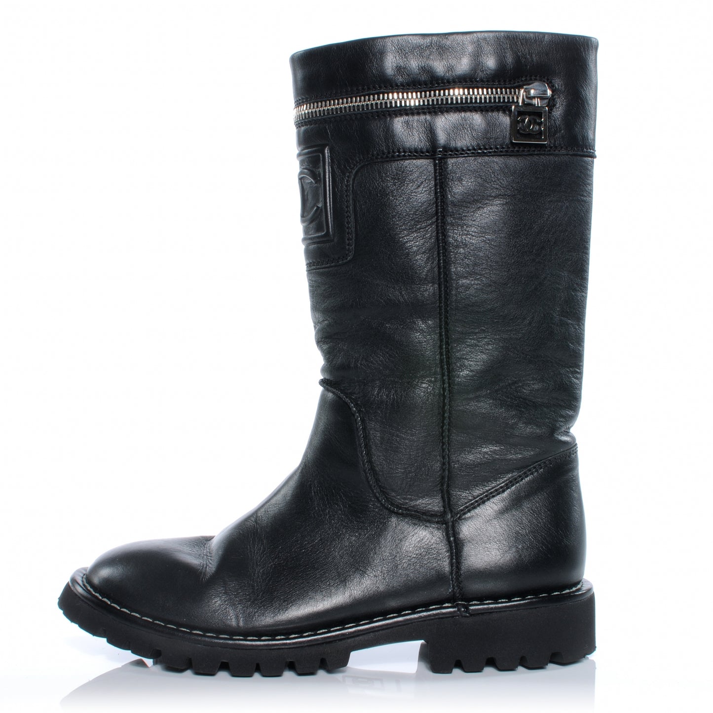 Leather Motorcycle Zipper Boots 35.5 Black