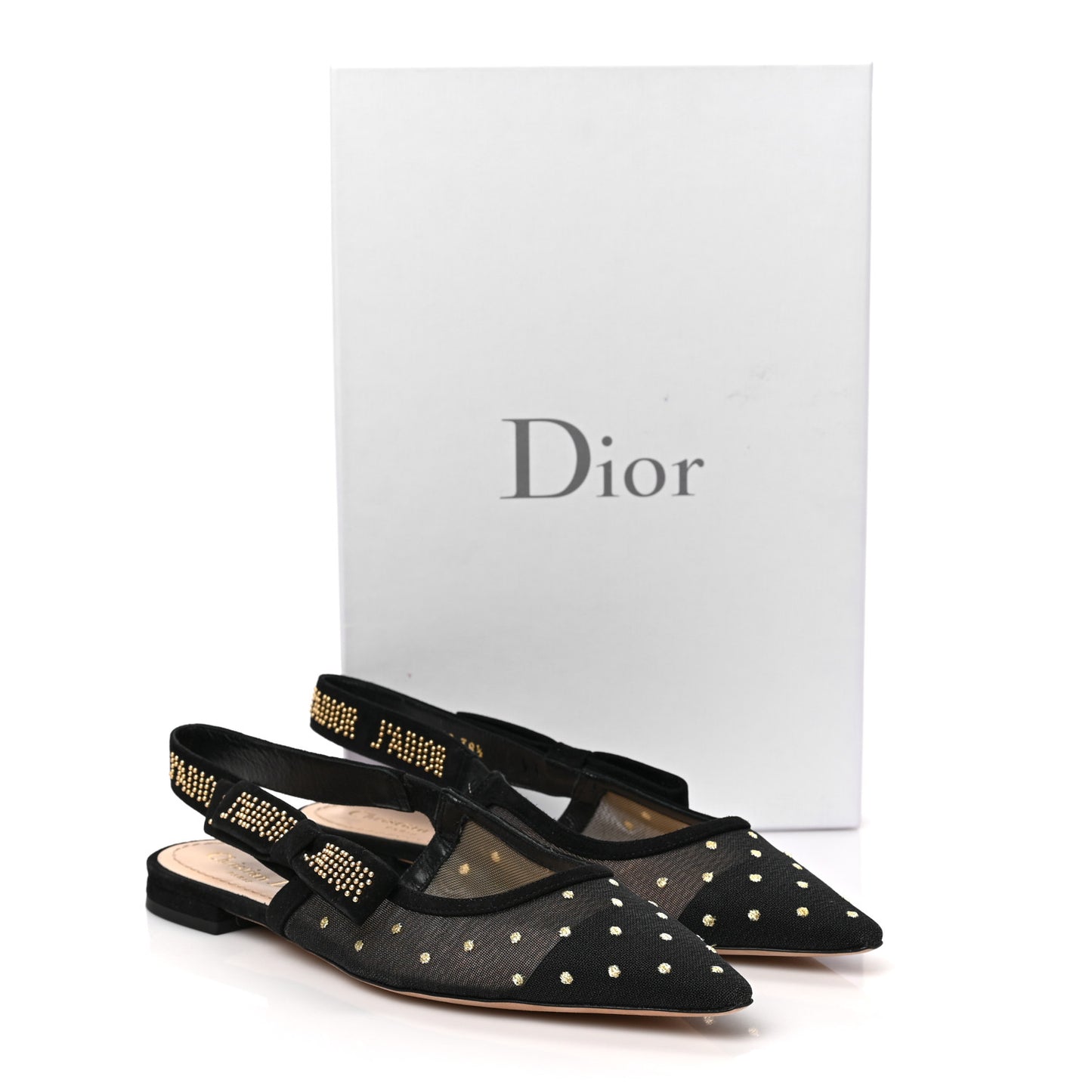 Plumetis Mesh Ribbon Dotted Studded Ballet Flats 38.5 Black Gold
